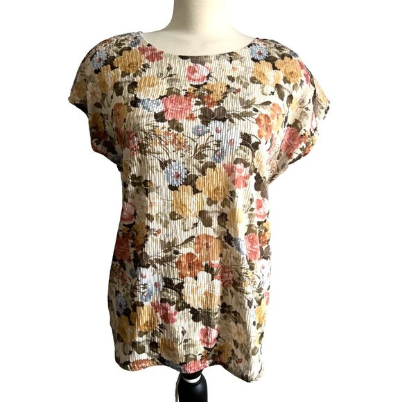 Vintage Floral Pleated Blouse Sz XL Womens by Joanna Pink Blue and Beige Short S - Picture 1 of 7